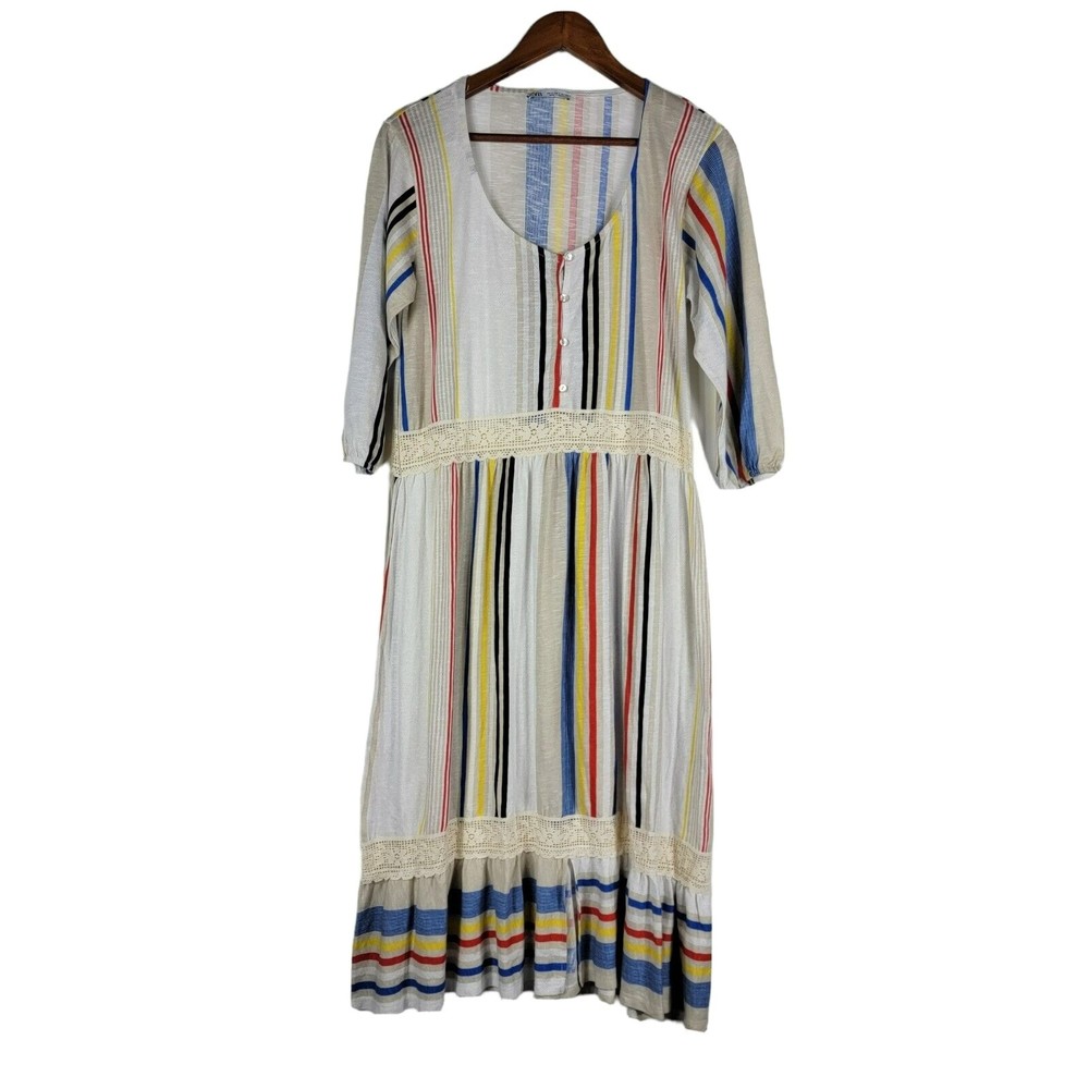 Zara Striped Colorful Midi‎ Dress Bohemian Lace Relaxed Women's Size Small